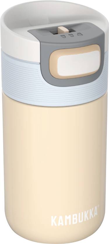 A beige reusable Kambukka tumbler with a gray and white lid featuring a locking mechanism, designed for hot or cold beverages.