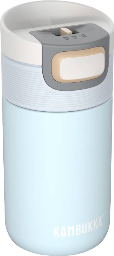 Light blue Kambukka travel mug with a gray lid, featuring a white sliding button for opening.