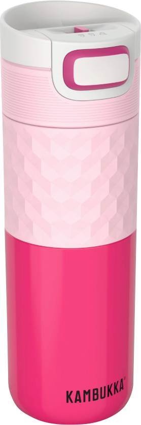 A red and pink insulated travel mug with a geometric pattern and the brand name 'KAMBUKKA' printed near the bottom.
