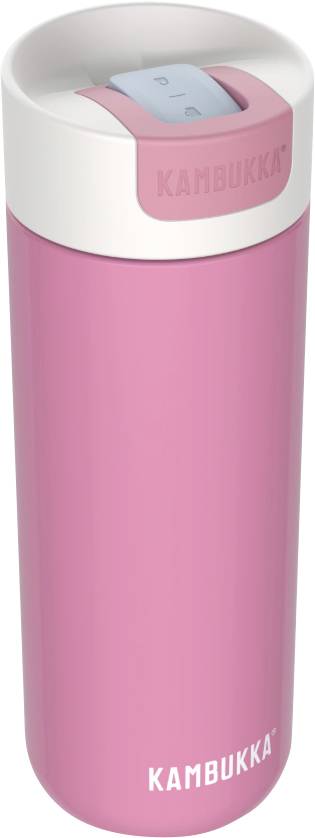 A pink insulated travel mug with a white lid, branded 'Kambukka', designed to keep beverages hot or cold.
