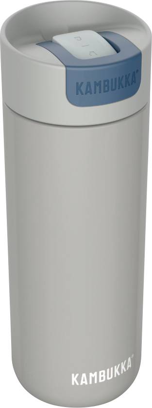 A gray Kambukka travel mug with a dark blue lid, designed for hot or cold beverages, featuring a push-button for opening and closing.