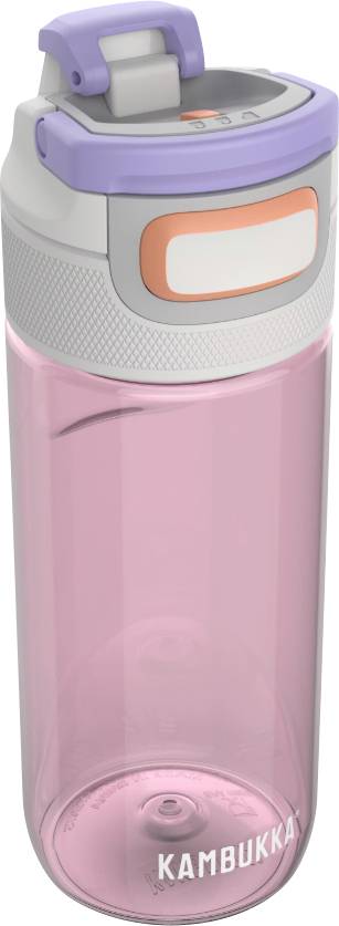 A pink Kambukka water bottle with a gray and purple lid, featuring a secure flip-top cover.
