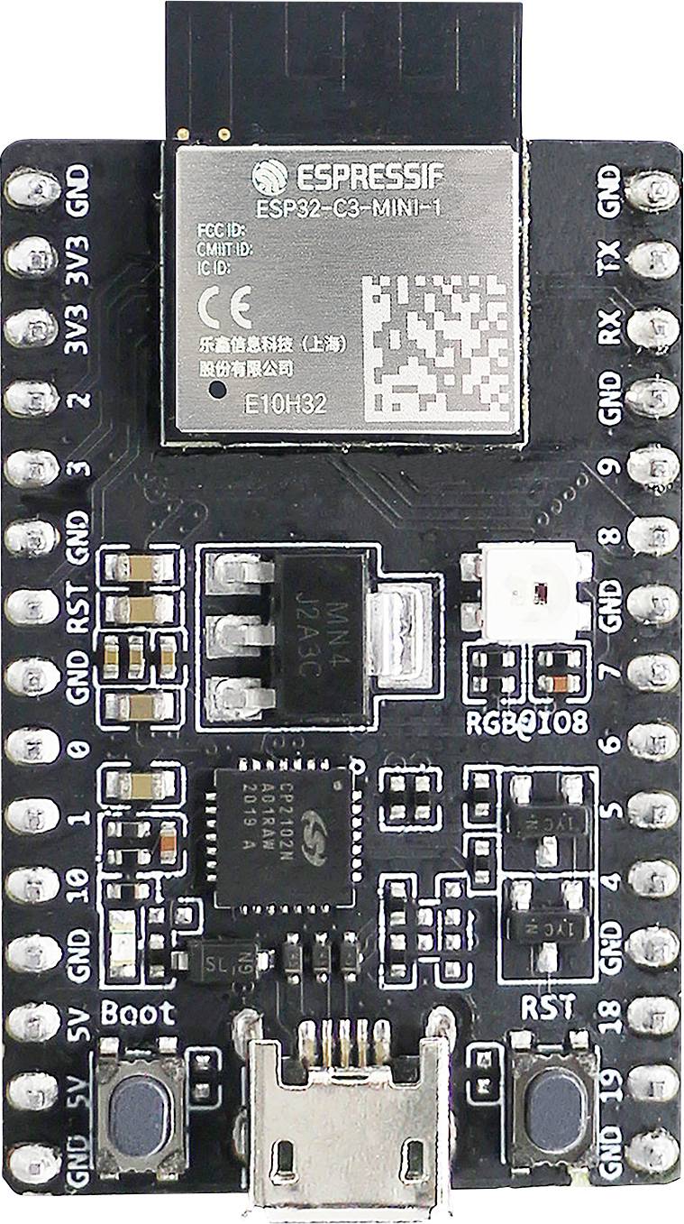 Microcontroller board with 'ESPRESSIF ESP32-C3-MINI-1' chip, multiple pins labeled with functions like 'GND', '3V3', and 'RX'. Includes USB port.