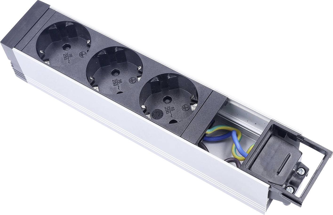 Power strip with three European sockets, open side showing internal wiring, designed for integration into desks or countertops.