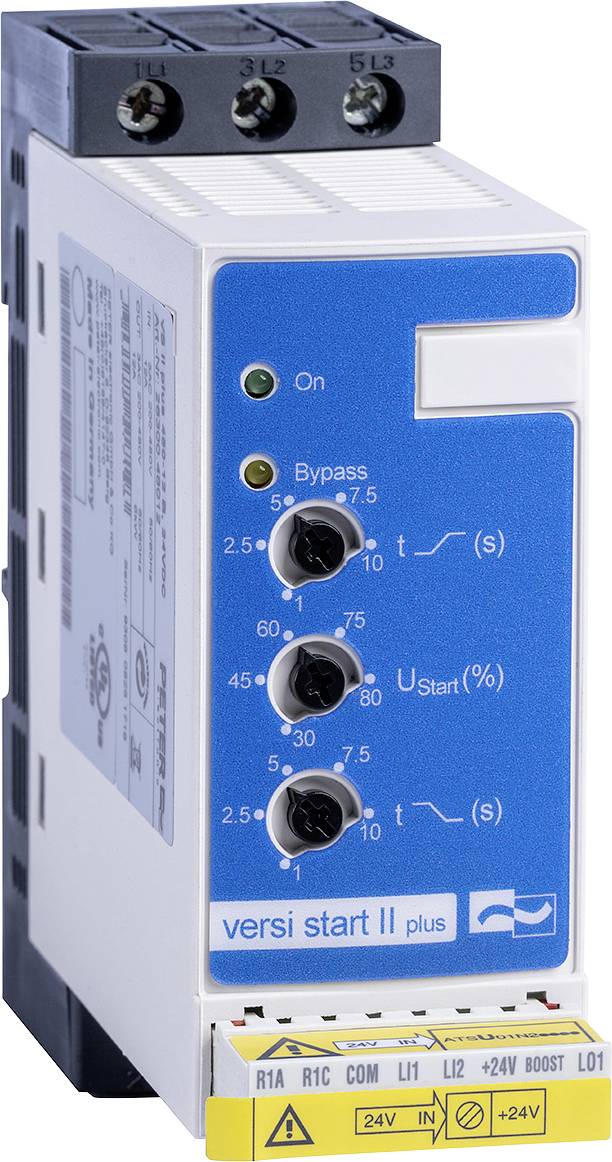 A blue and white electronic device labeled 'versi start II plus', featuring dials and indicator lights for control and status display.