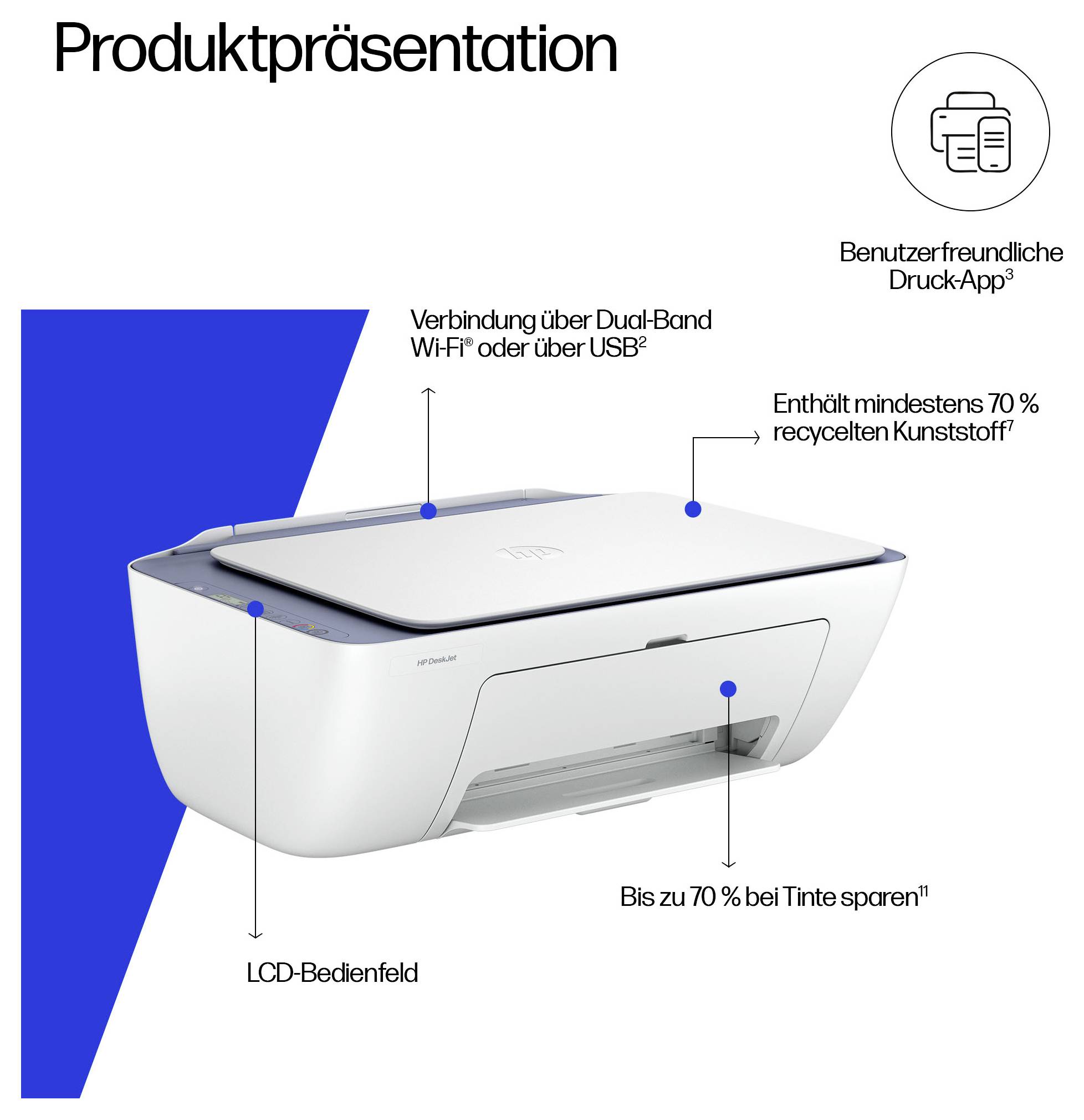 Multi-function printer with environmentally friendly design; saves up to 70% ink; dual-band Wi-Fi; contains 70% recycled plastic.