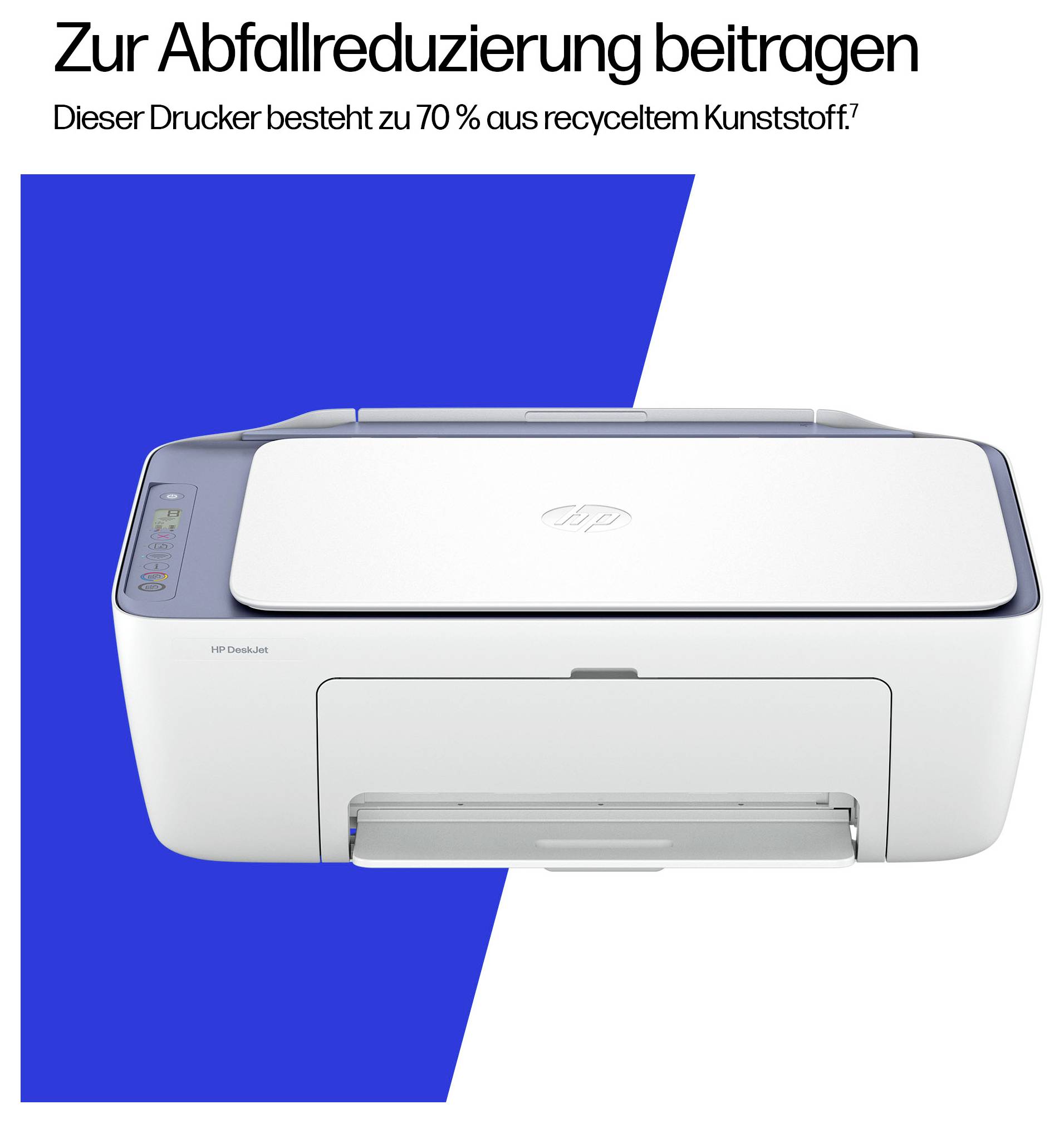 A printer, 70% made from recycled plastic, in front of a blue background. Text at the top: 'Contribute to waste reduction'.