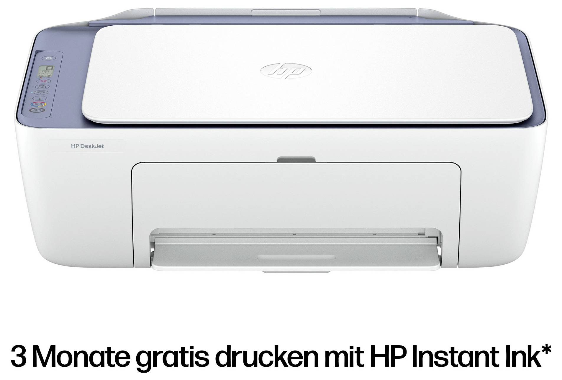 A white HP printer with closed paper tray. Text below: '3 months free printing with HP Instant Ink*'.