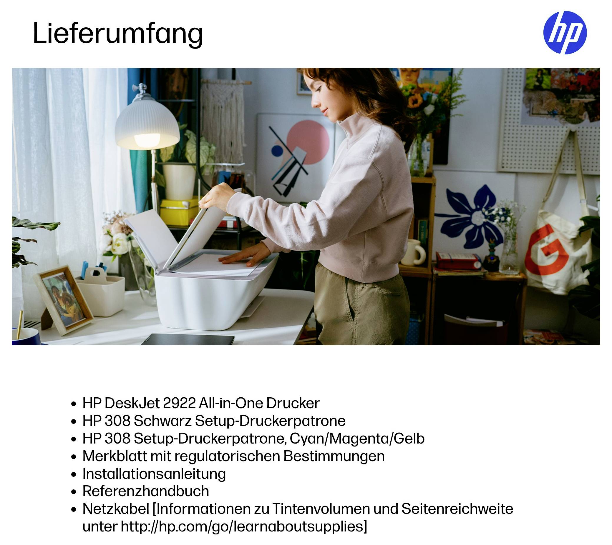'Scope of Delivery': Woman with printer and accessories. Included: HP DeskJet 2922, cartridges, instruction manual, power cable. Note regarding website for information.