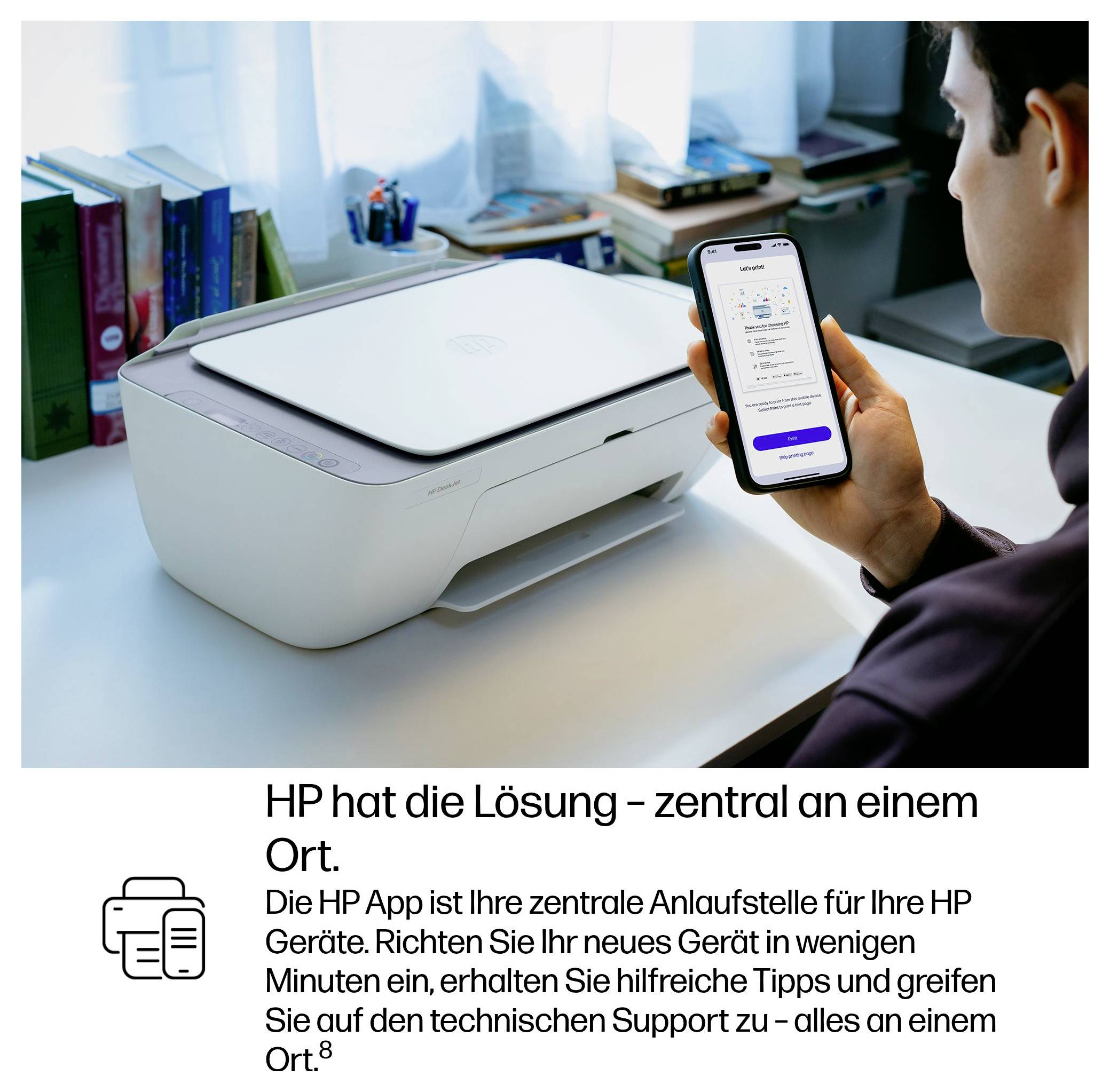 A person is setting up an HP printer with a smartphone app. The text provides information about the central contact point for HP devices and technical support.