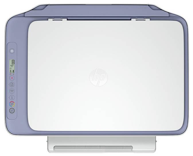 A top view of a closed HP printer with control buttons on the side, featuring a monochrome display and color indicators.