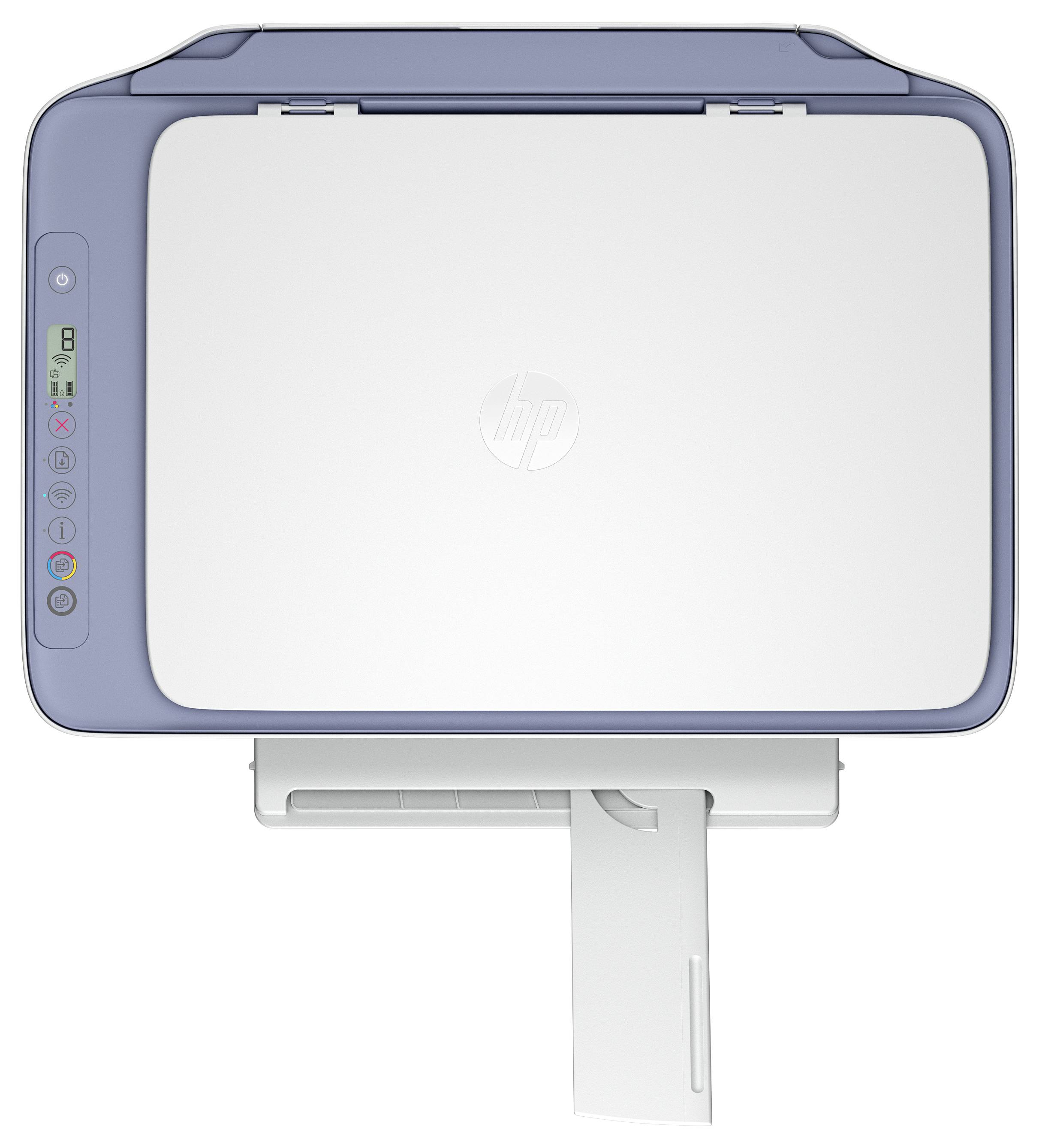 A white flatbed printer with a blue control panel on the left, showing buttons and a small display. The paper tray is extended.