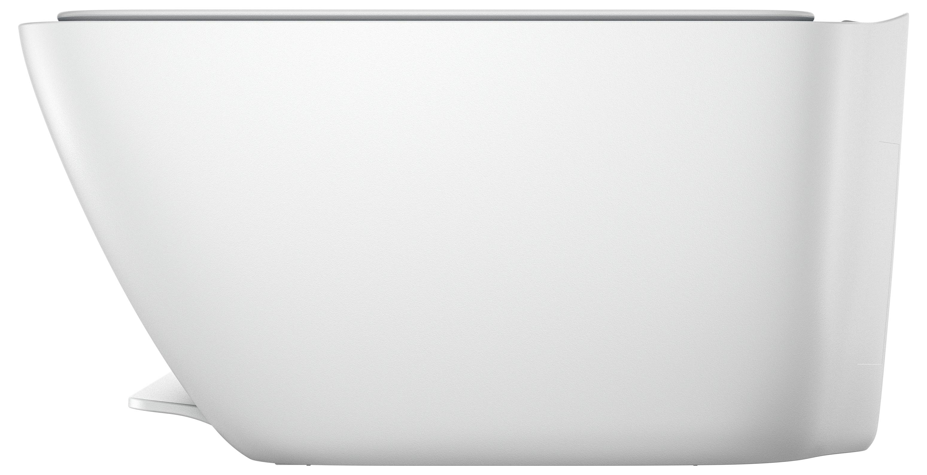 Side view of a modern, white, rimless toilet bowl with a sleek, minimalist design.