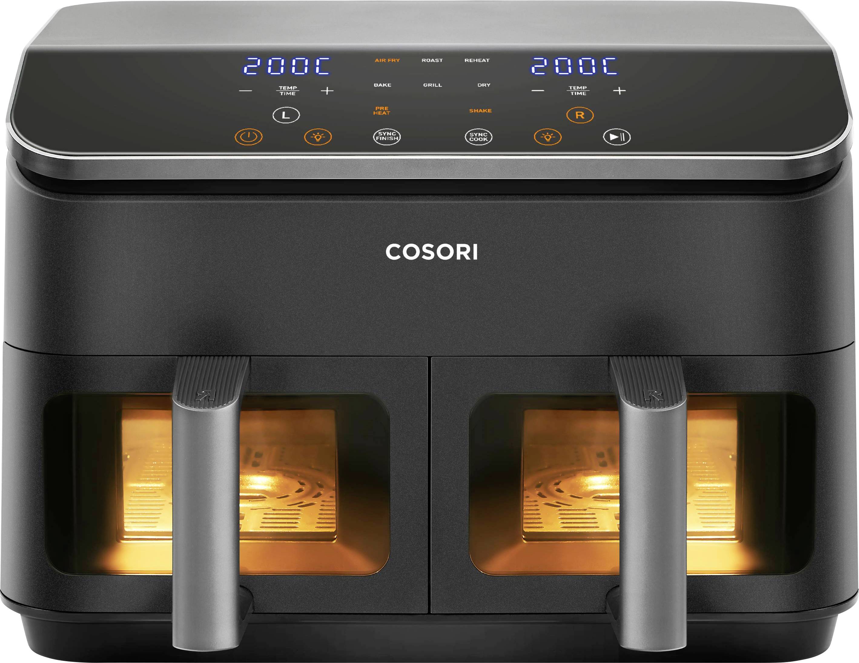 A black twin-basket air fryer with digital display shows 200°C settings for both sections. Two handles and glass windows reveal lit interior.