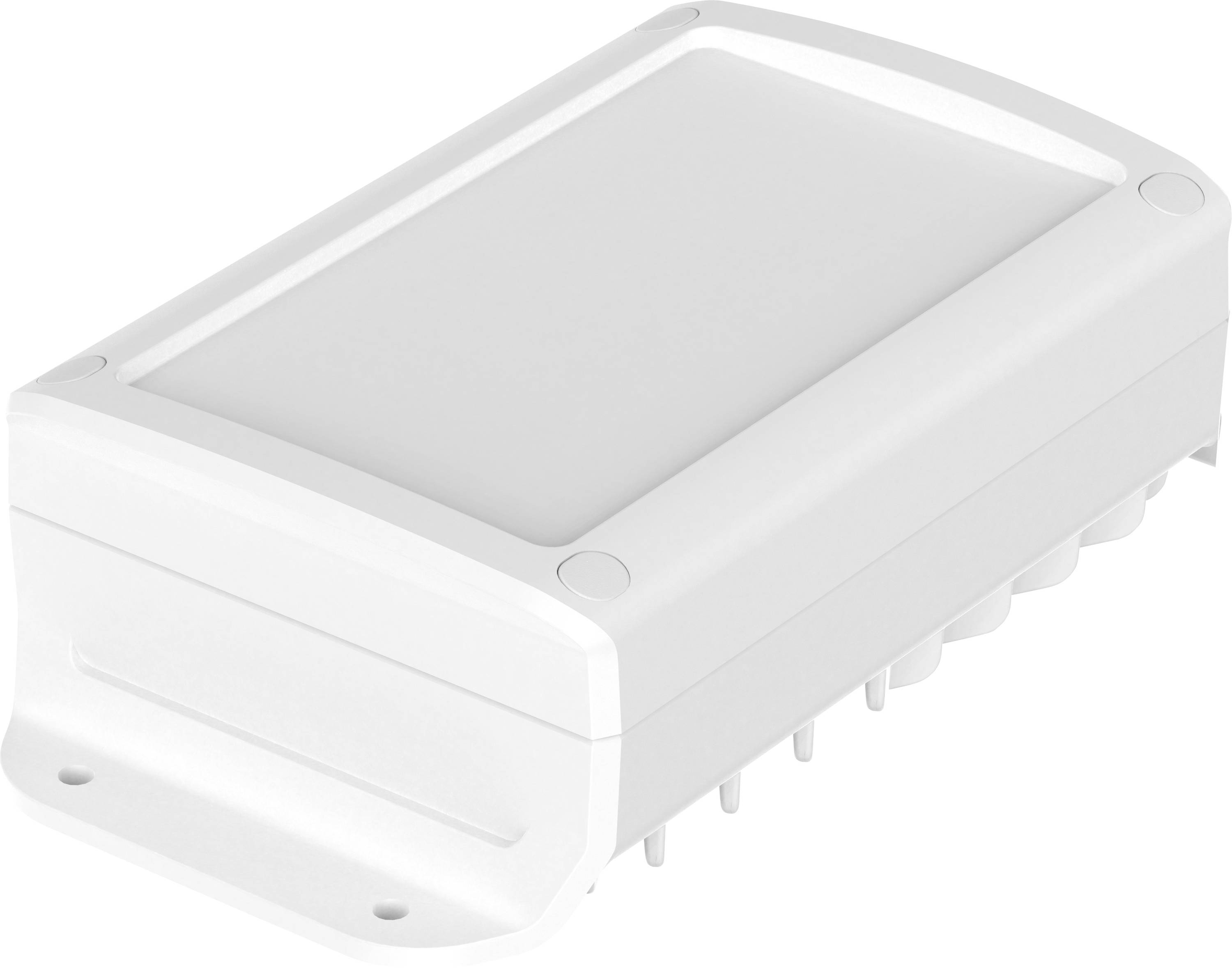 A white electronic device with a rectangular shape and rounded edges, featuring mounting holes and pins on the underside.
