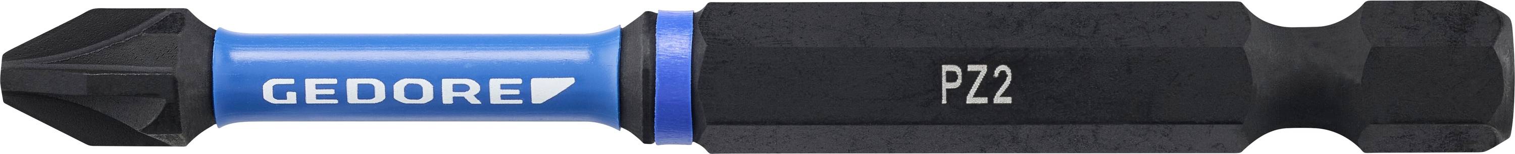A black and blue screwdriver bit marked 'PZ2' and 'GEDORE'.