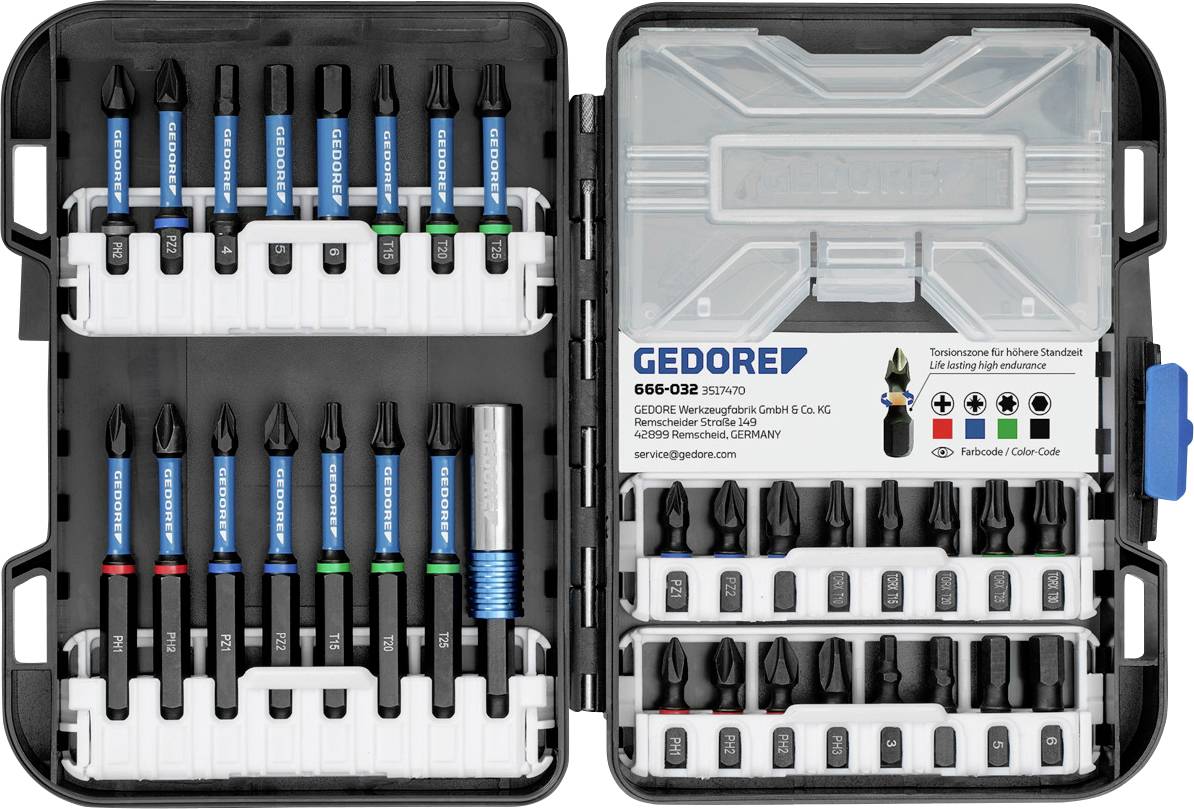 Open black plastic tool case containing various screwdriver bits, including Torx, Phillips, and flathead, organized in labeled slots.
