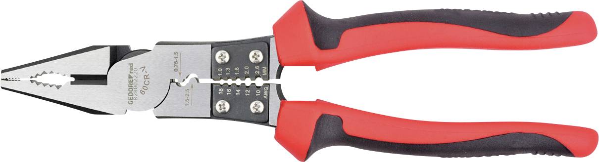 Red-handled pliers with a black grip and metallic jaws designed for gripping or cutting wire.