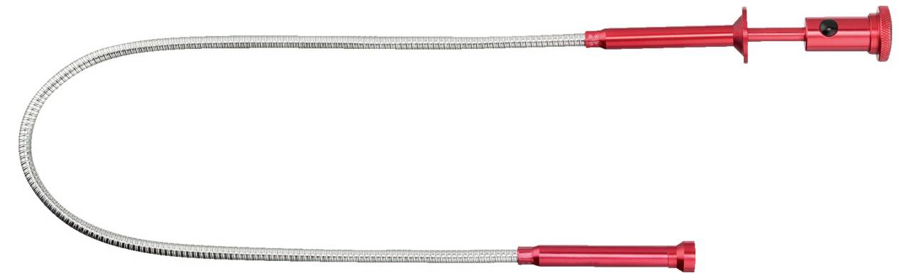 A red and silver wire with a flexible spring-like body, featuring grips on each end, typically used as a claw pickup tool.