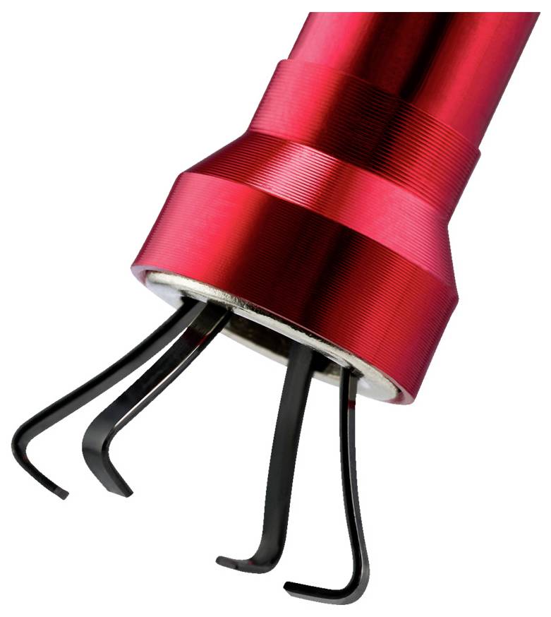 A red and black mechanical gripper tool with four curved prongs, designed for picking up small objects or navigating tight spaces.