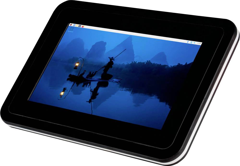 A tablet displays a blue dusk photo of a person fishing from a small boat on a calm lake with reflected silhouettes.