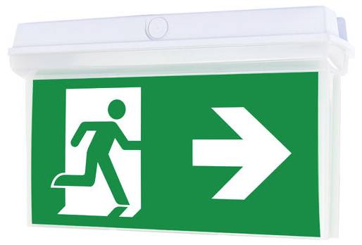 Emergency exit sign with a green background, showing a person running through a door and a right-pointing arrow indicating direction.