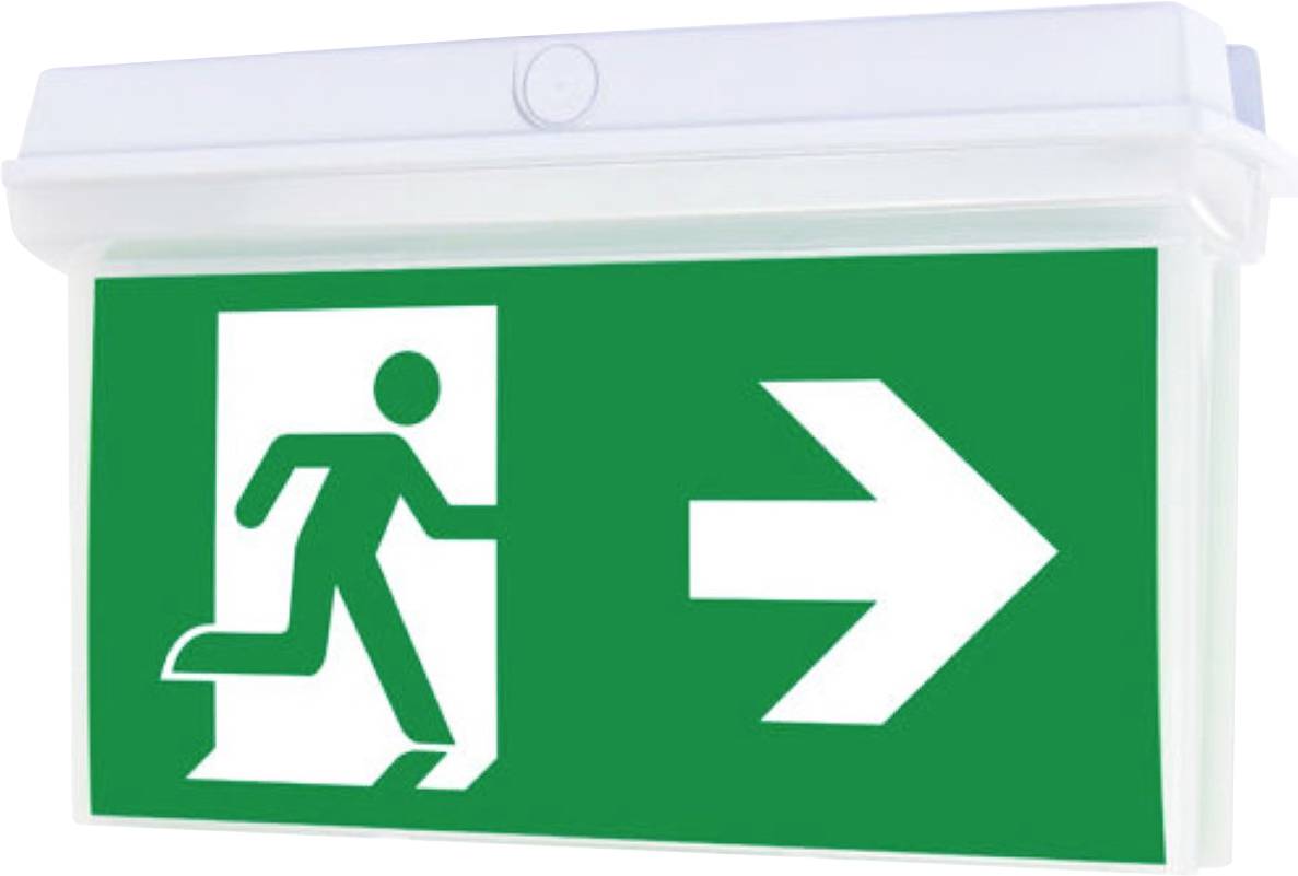 Emergency exit sign with a person running towards a door and a right-pointing arrow, indicating the direction to the exit.