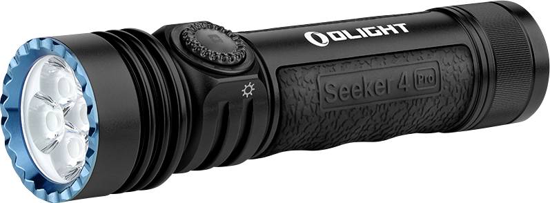 A black flashlight with blue accents labeled 'Seeker 4 Pro' by Olight, featuring a textured grip and four LED bulbs.