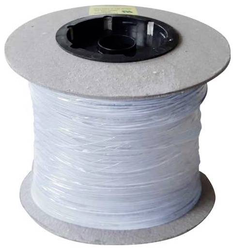 A spool of clear, flexible tubing is coiled tightly around a cardboard reel with a black plastic center.