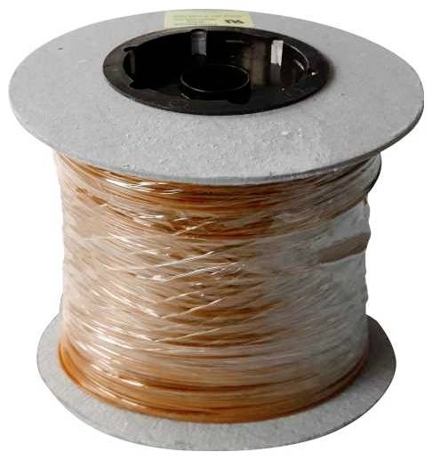 A spool of copper wire wrapped tightly in plastic, with visible layers and a central black core, set against a plain background.