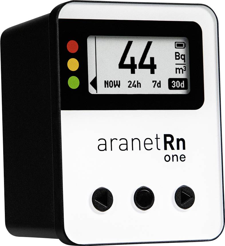 A radon meter with digital display shows '44 Bq/m³'. Traffic light system in the top left: green, yellow, red. Label 'aranetRn one'.