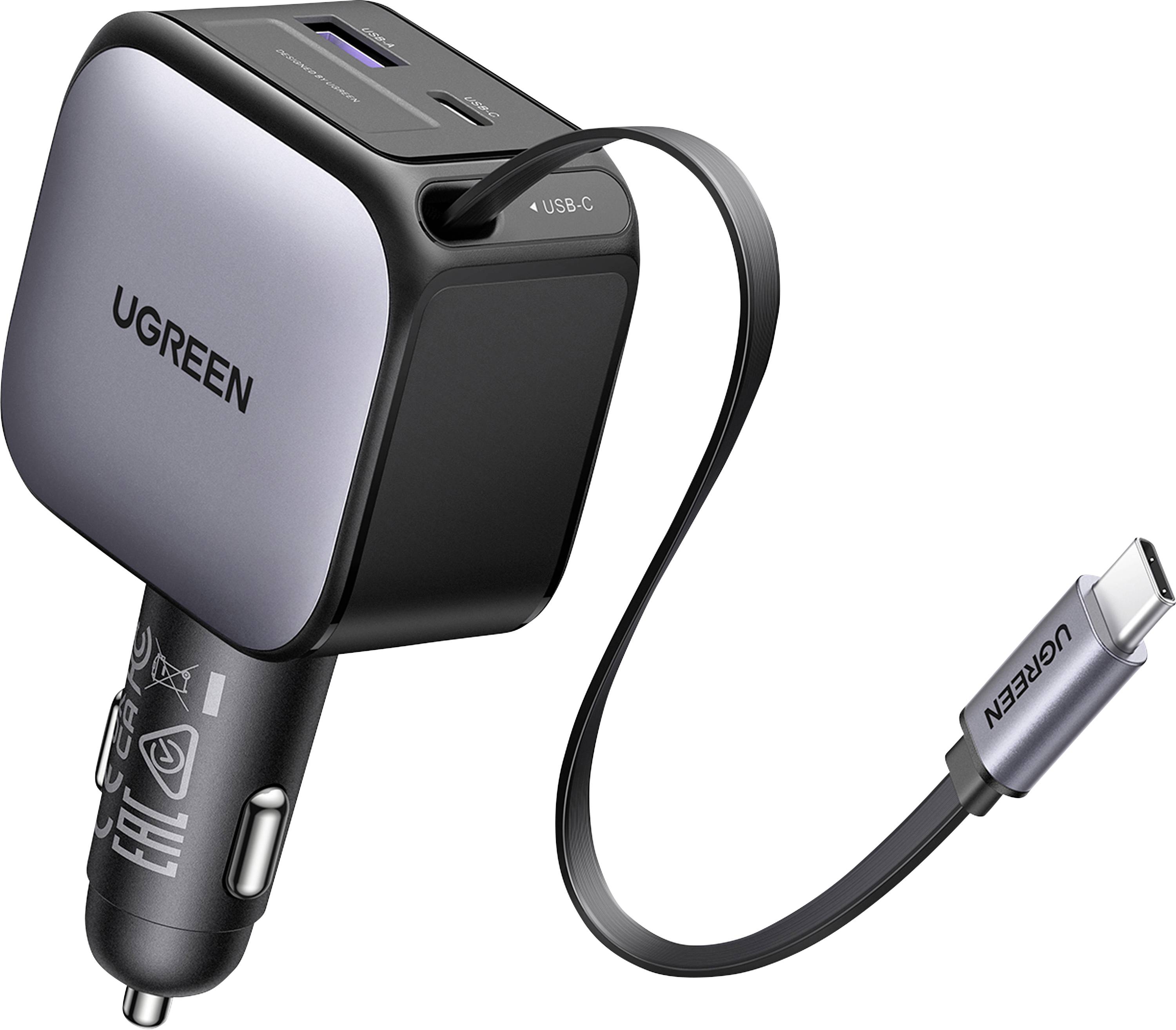 UGREEN car charger with USB-C cable and dual USB ports, shown in a product-style photo.
