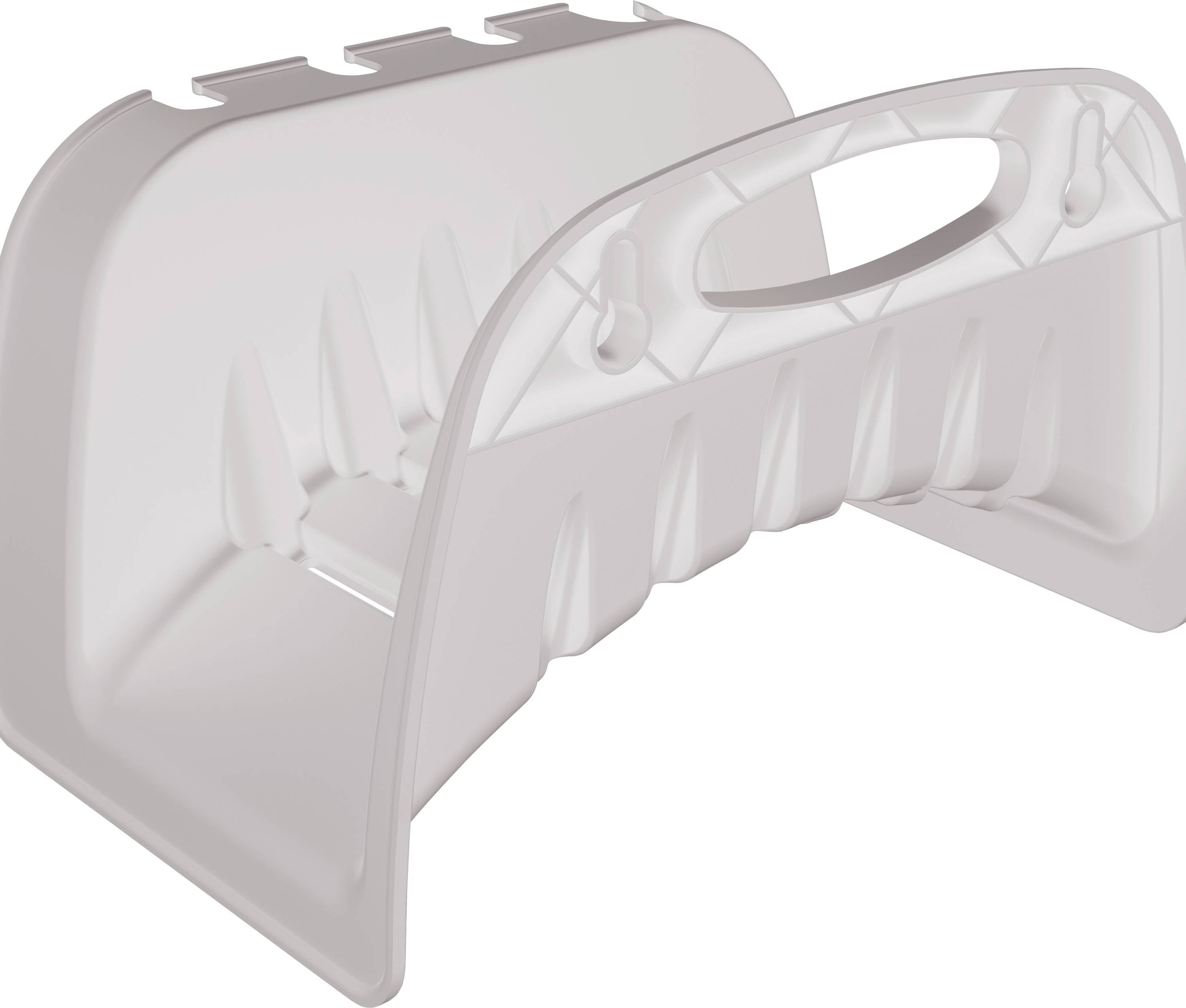 A white plastic folding shelf rack with a handle and multiple compartments for storage or organization.
