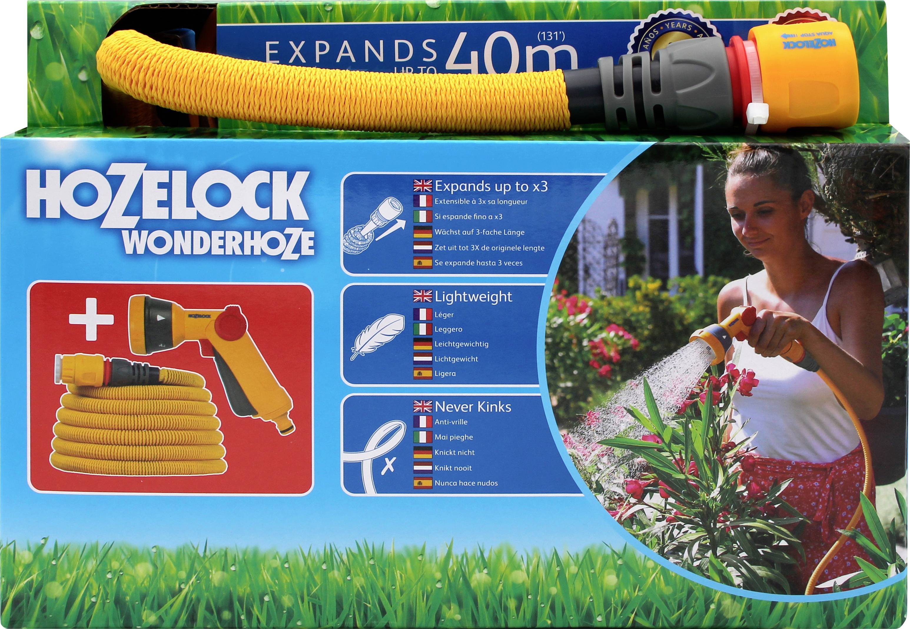 'Hozelock Wonderhoze' packaging: shows a yellow hose expanding up to 40m, lightweight, never kinks. Woman waters plants.