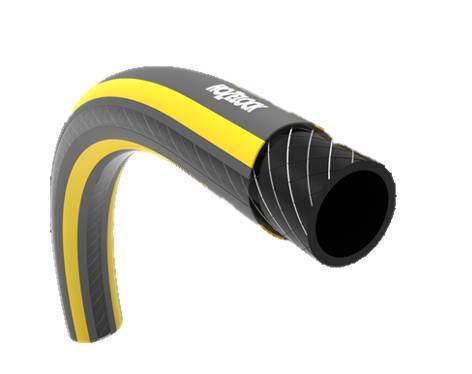 A flexible, striped black and yellow hose shown against a black background. The hose has a smooth, coiled appearance.