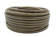 A coiled grey and yellow hose against a black background.