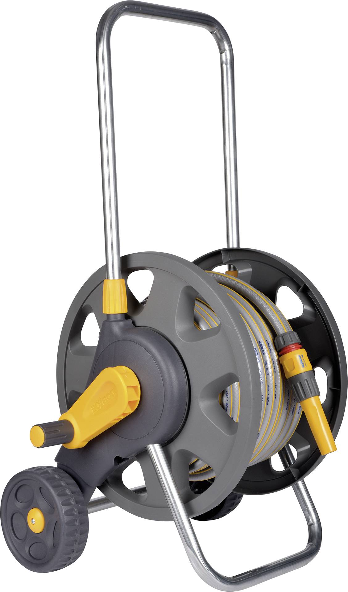 A gray and yellow garden hose reel with wheels and a handle, designed for easy transport and storage of a hose.