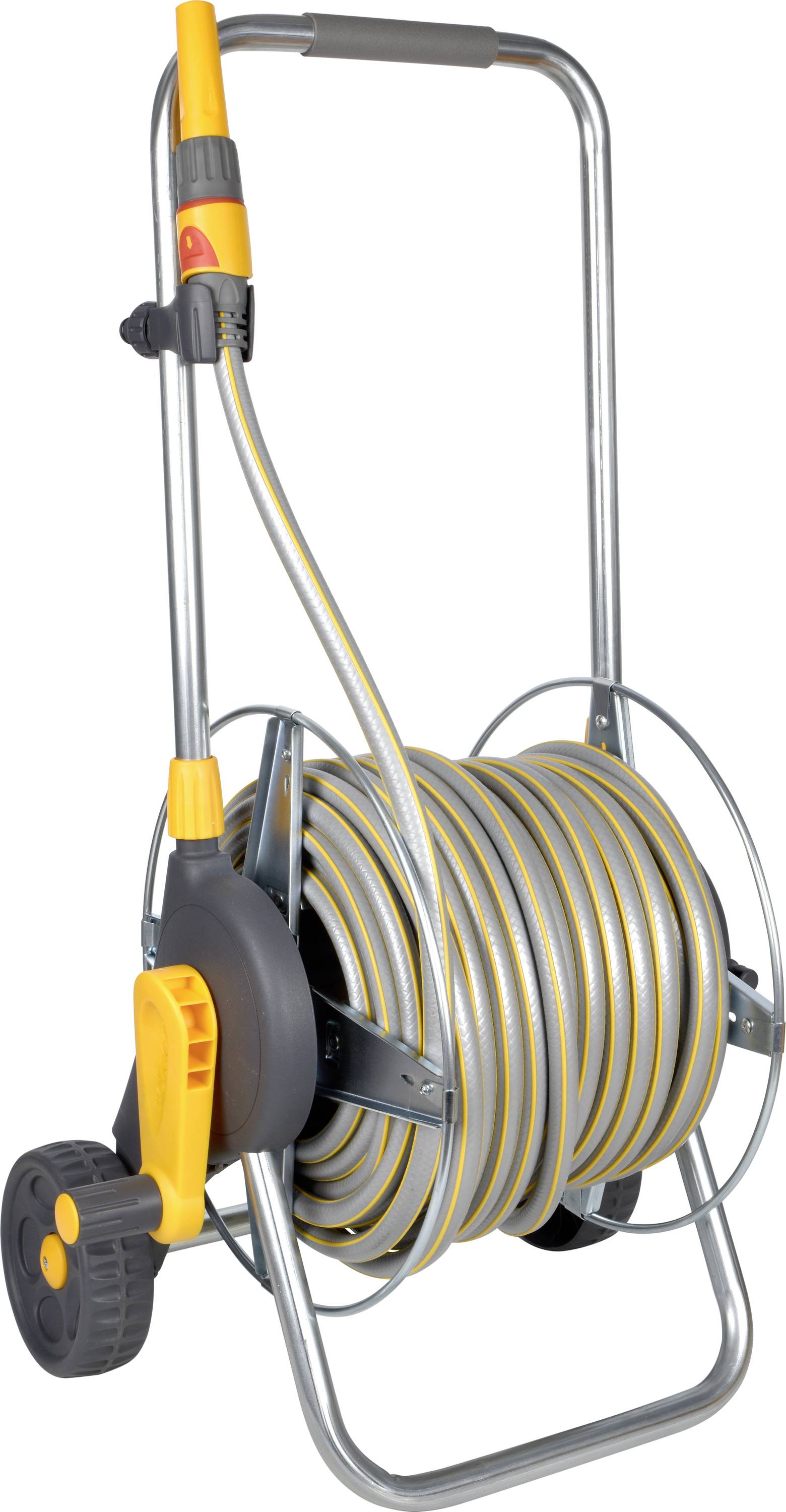 A hose reel cart with a gray and yellow garden hose attached, featuring wheels and a handle for easy transportation.