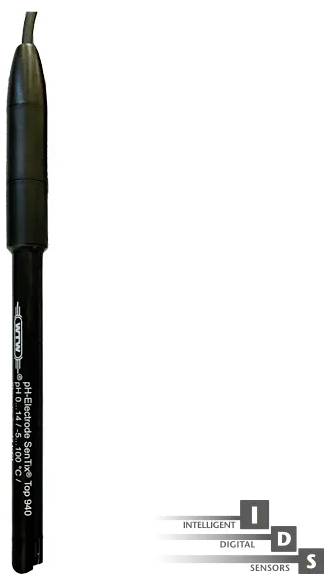 'A black pH electrode featuring a sleek design. Labeled as 'SenTix® Top 910', with specifications including pH 0 - 14 and temperature range 0 - 100 °C.'