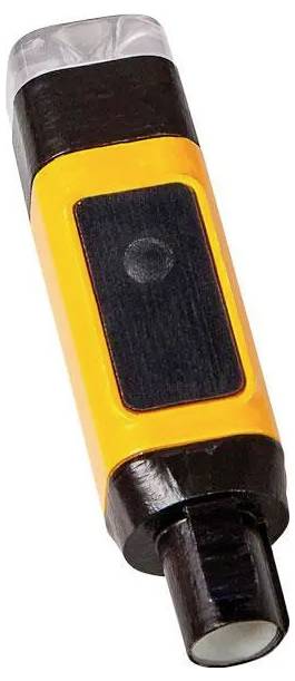 An orange and black handheld device, possibly a UV light, with a circular button on the front.