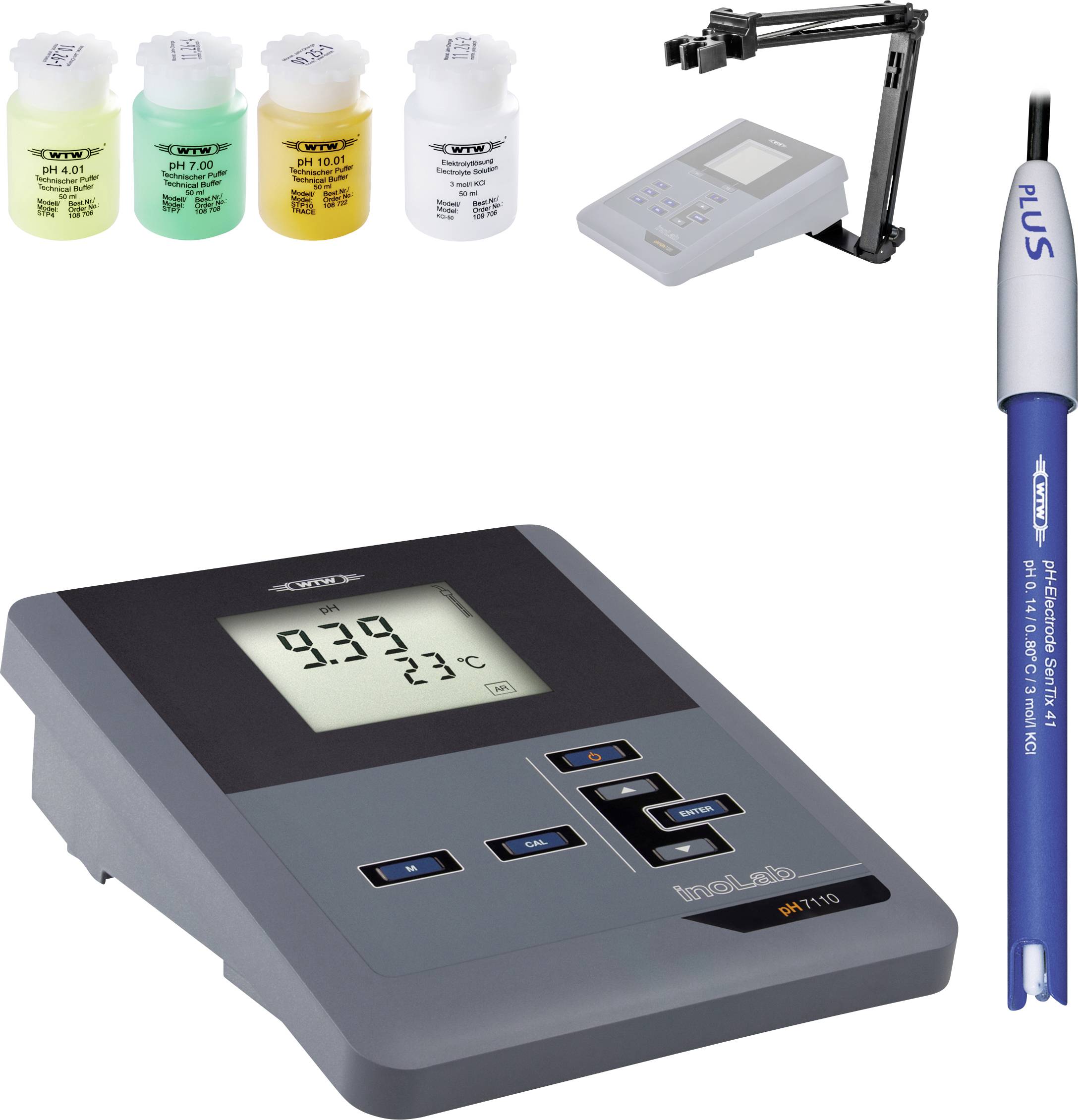 A laboratory pH meter set includes a digital pH meter with display, four pH buffer solution bottles, an electrode stand, and a pH electrode.