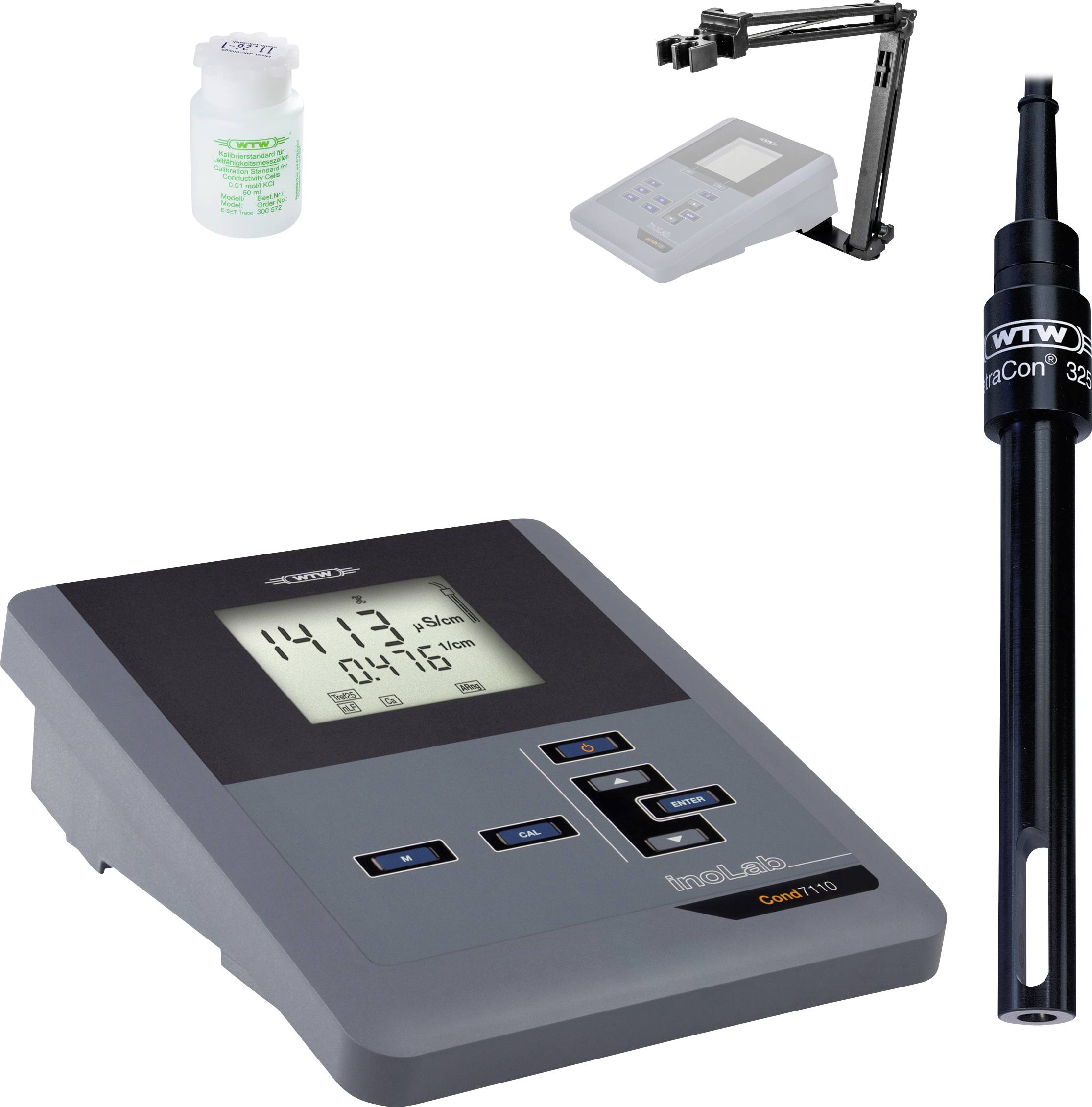 Conductivity meter set with display, electrode, calibration solution, and electrode arm; used for measuring liquid conductivity.