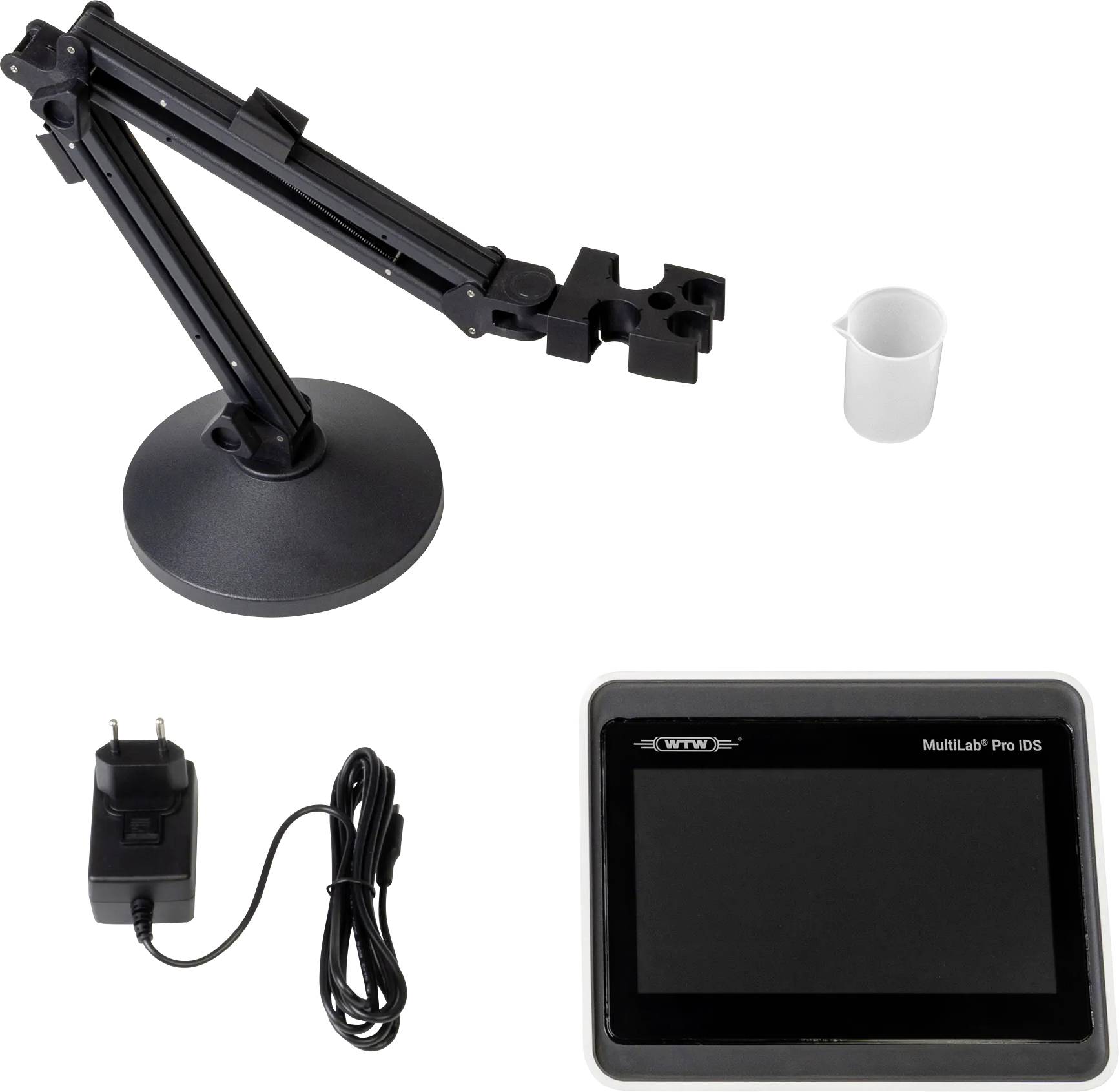 Laboratory equipment including a stand, a small white beaker, a power adapter, and a digital device labeled 'MultiLab Pro IDS.'