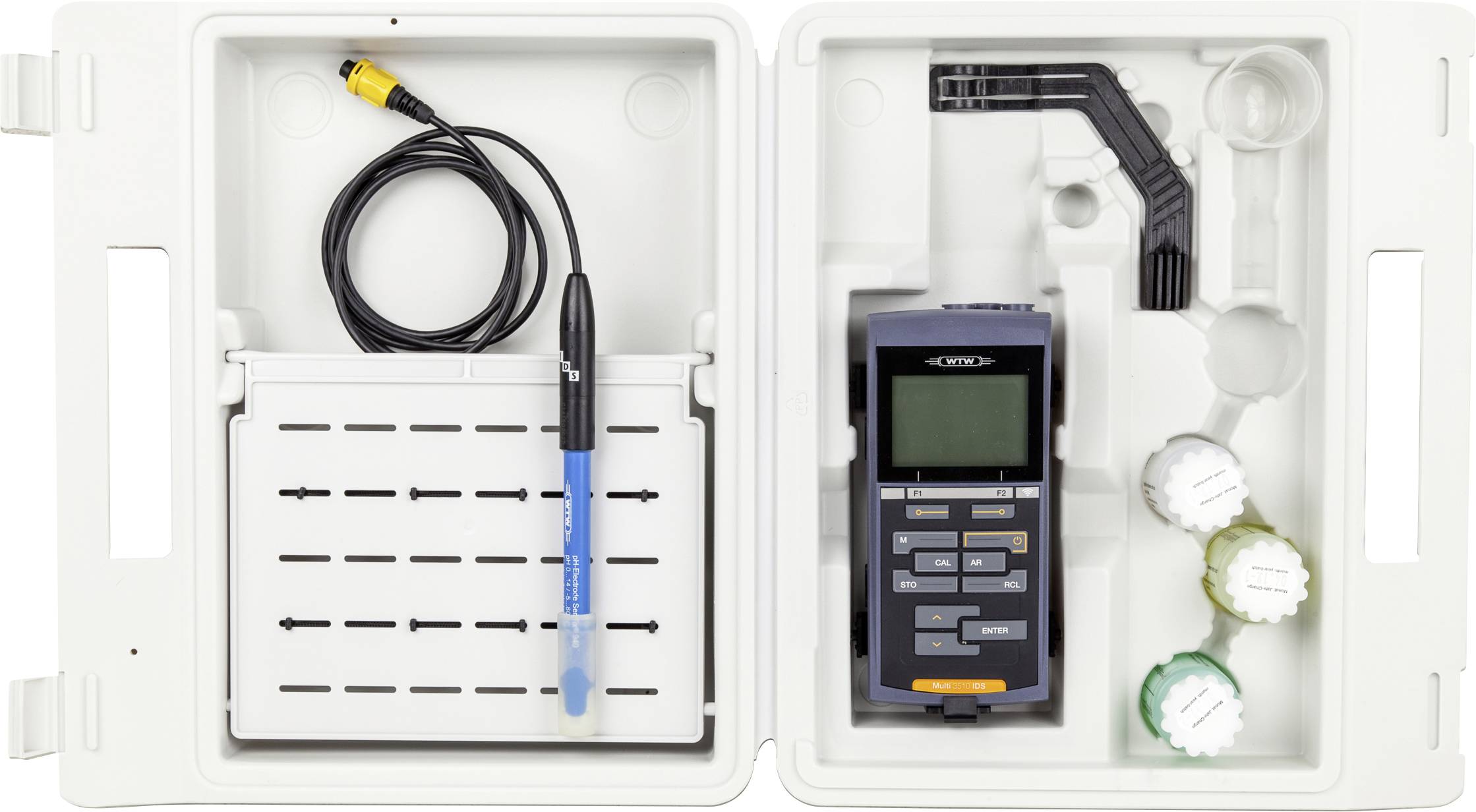 Open case containing a digital device with buttons and display, cables, and three labeled cylinder containers. Used for measurement or testing.