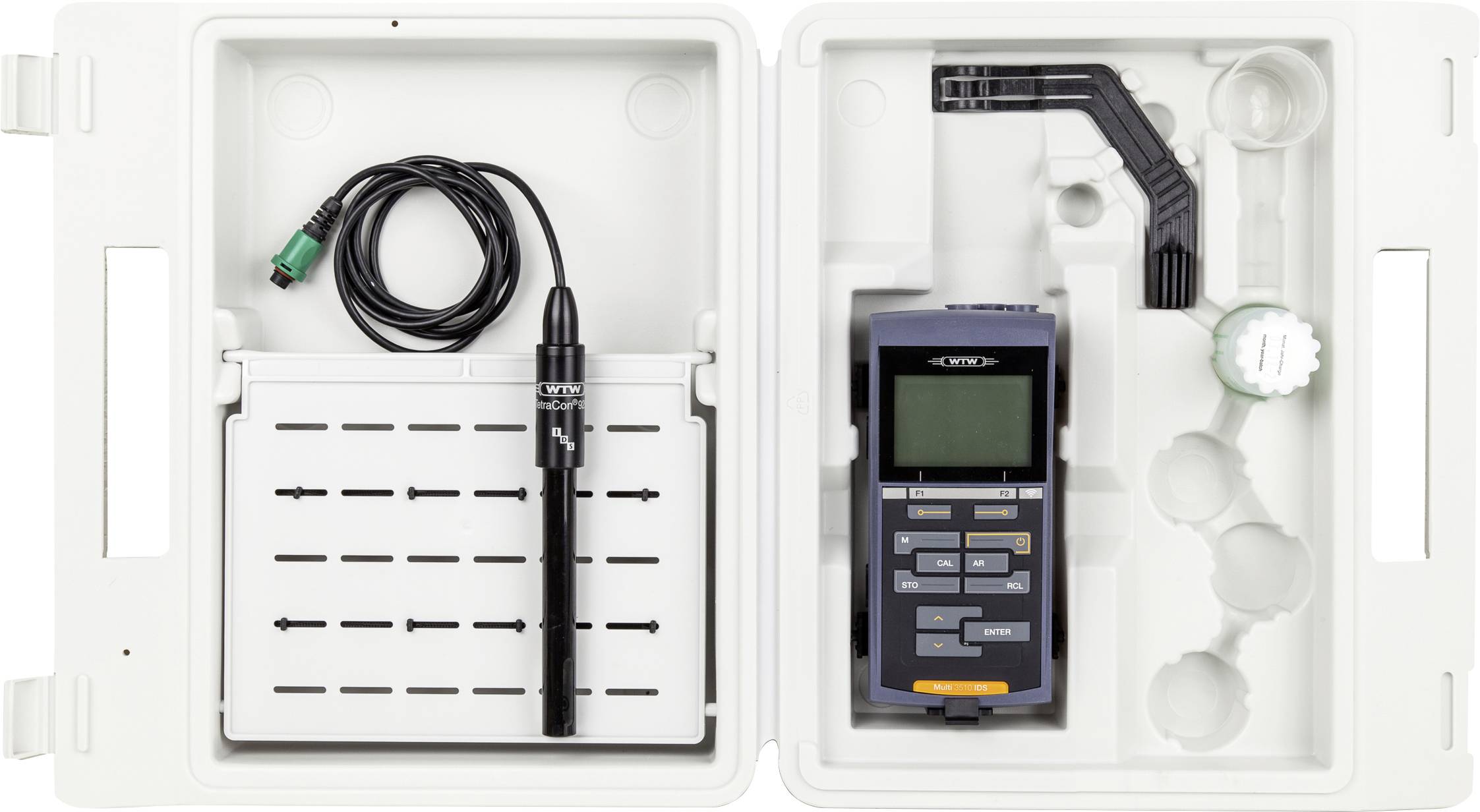 A white case with compartments holds an electronic measurement device, a probe with a cord, and spaces for additional items.