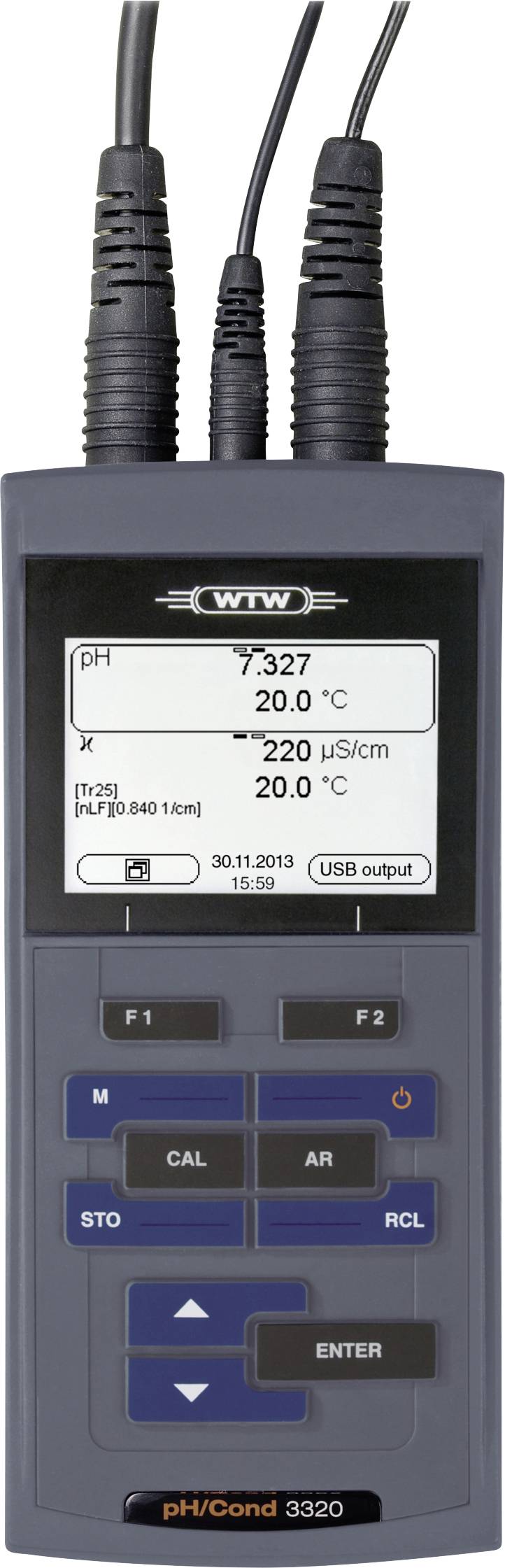 Handheld meter displaying pH of 7.327, temperature of 20.0°C, and conductivity of 220 µS/cm on screen, with buttons for navigation.