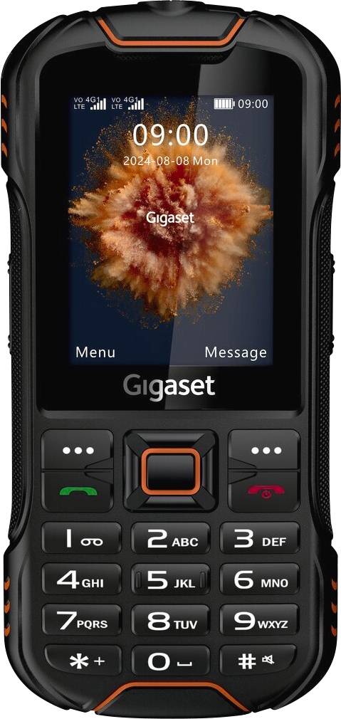 A rugged black mobile phone with orange accents, featuring a keypad and a screen displaying the time '09:00' and date '2024-08-08 Mon'.
