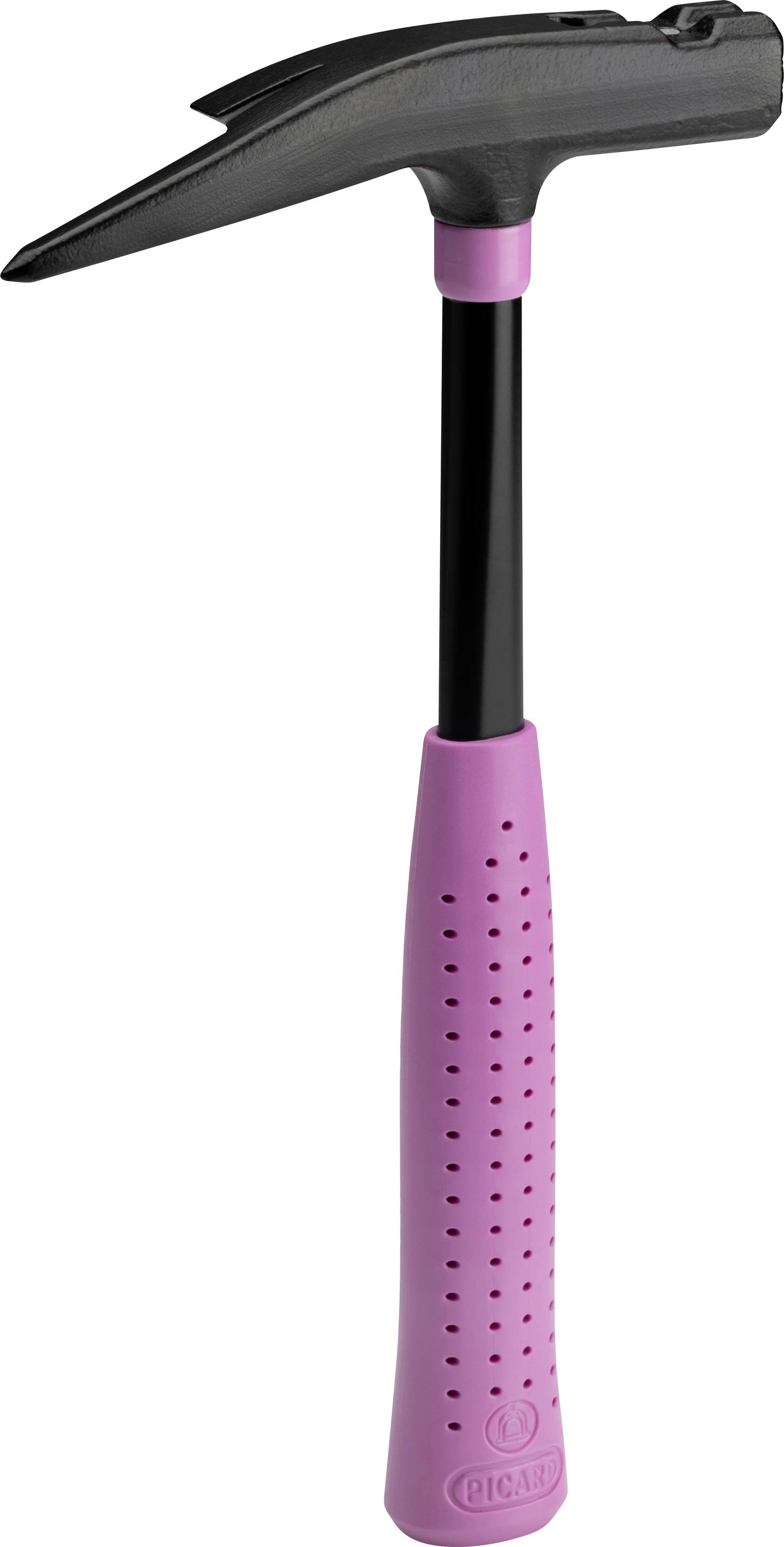 A black prospecting hammer with a sharp end and a pink handle, used for geological fieldwork, against a white background.