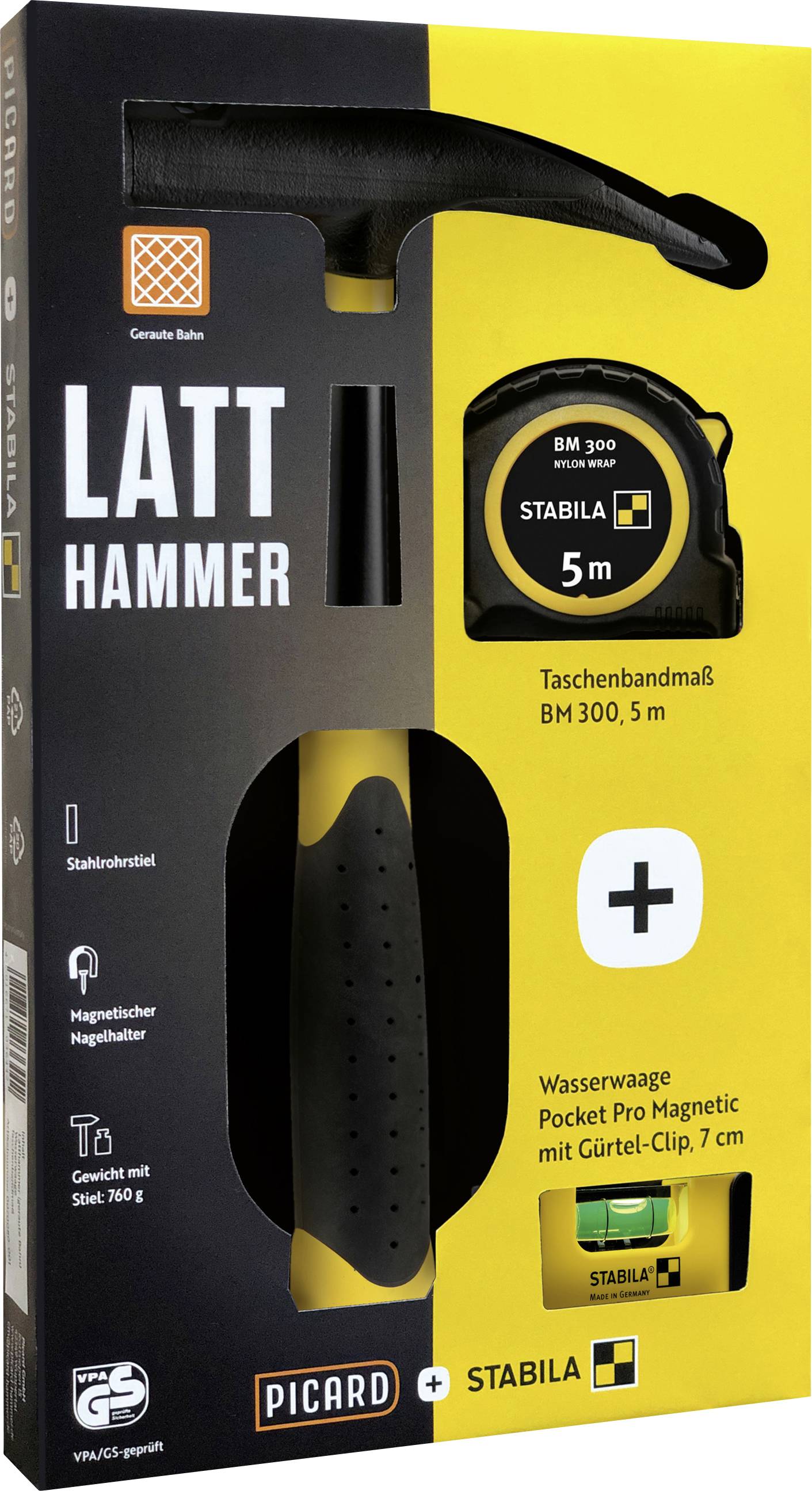 'Latt Hammer' set includes a hammer, 5m measuring tape, and 7cm magnetic pocket level. Tools are displayed in a branded packaging.