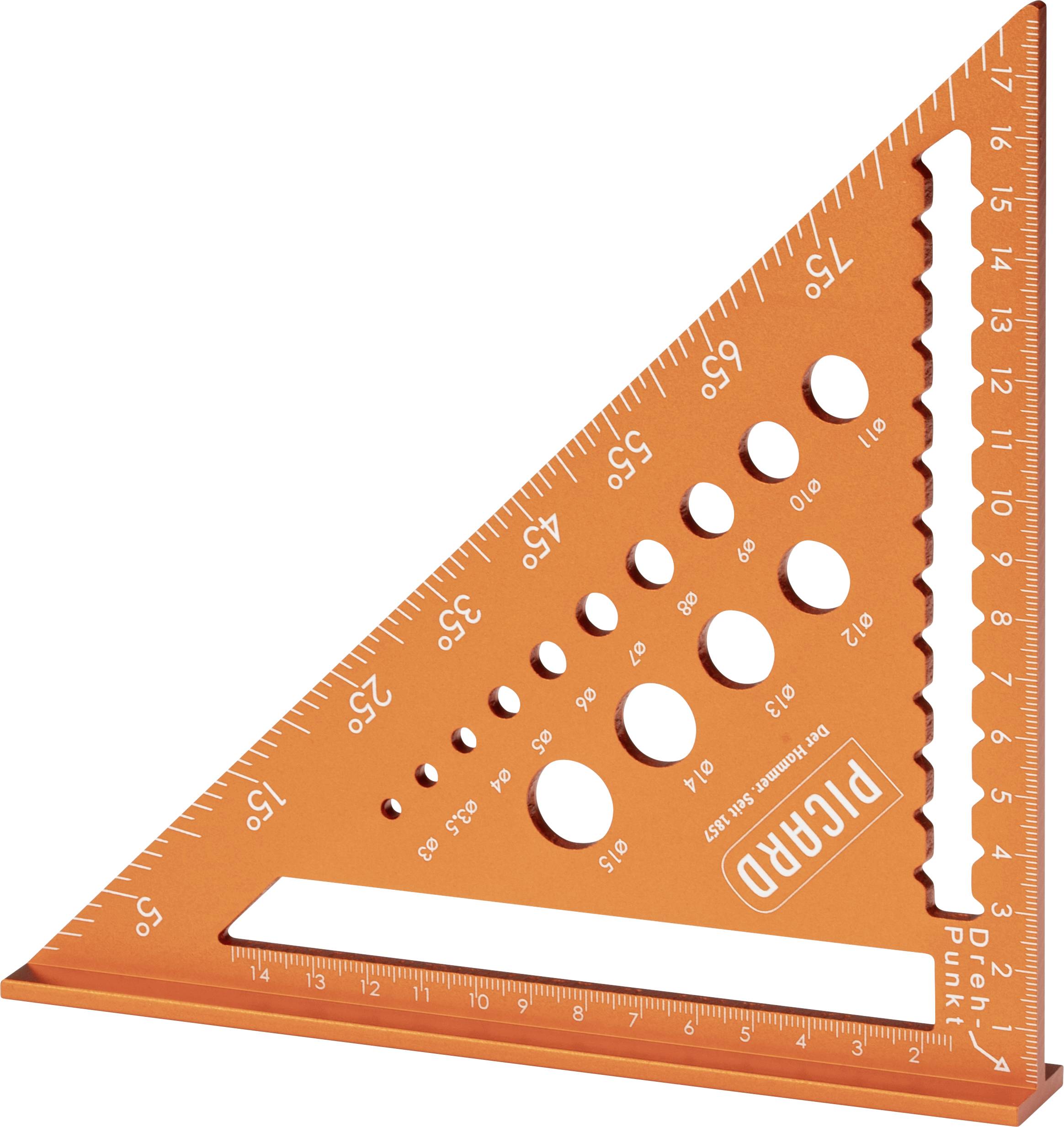 Orange plastic triangular ruler with circular holes in various sizes, labeled 'PICARD' and marked with metric measurements.